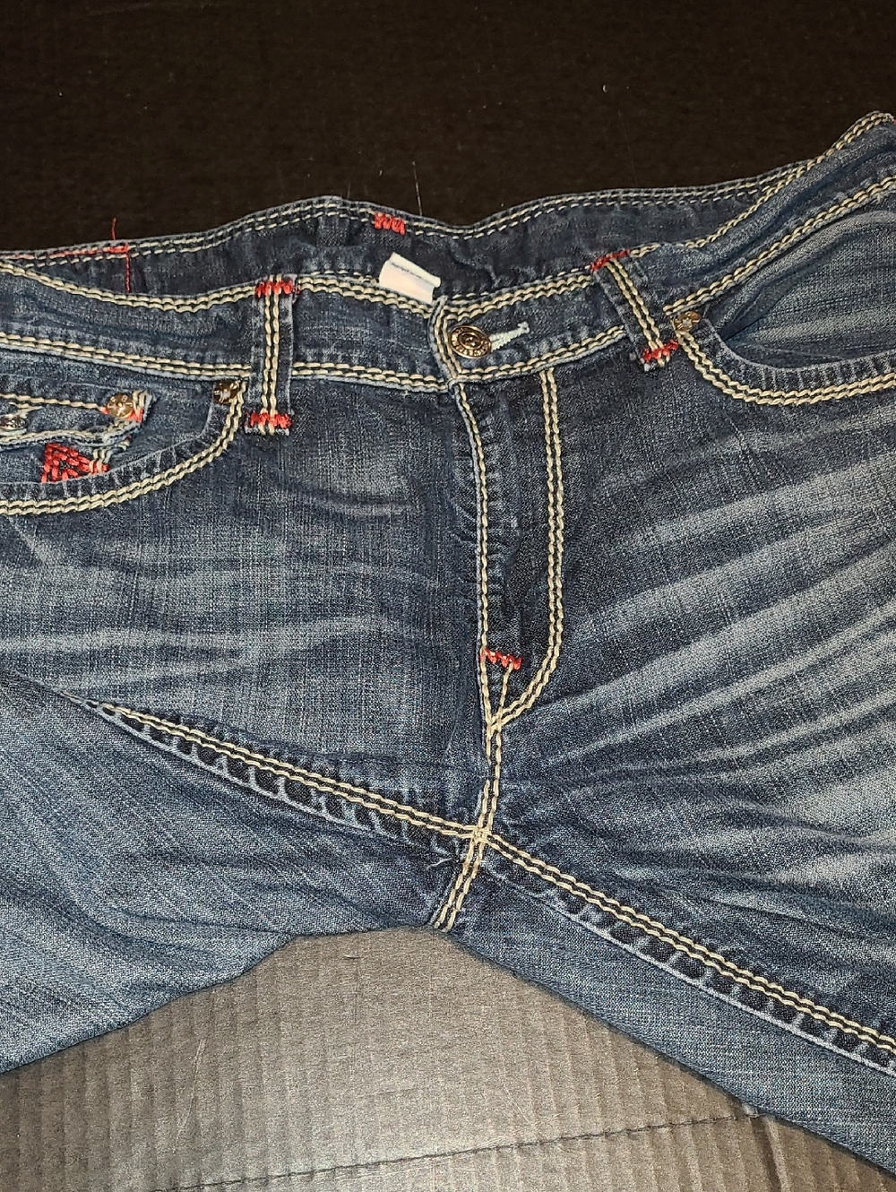 True Religion Dark Blue Straight Leg Jeans with Red Pocket Stitching - Picture 16 of 16